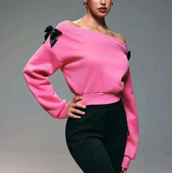Women's Off Shoulder Bow Dropped Shoulder Long Sleeve Loose Sweatshirt - Picture 4 of 4
